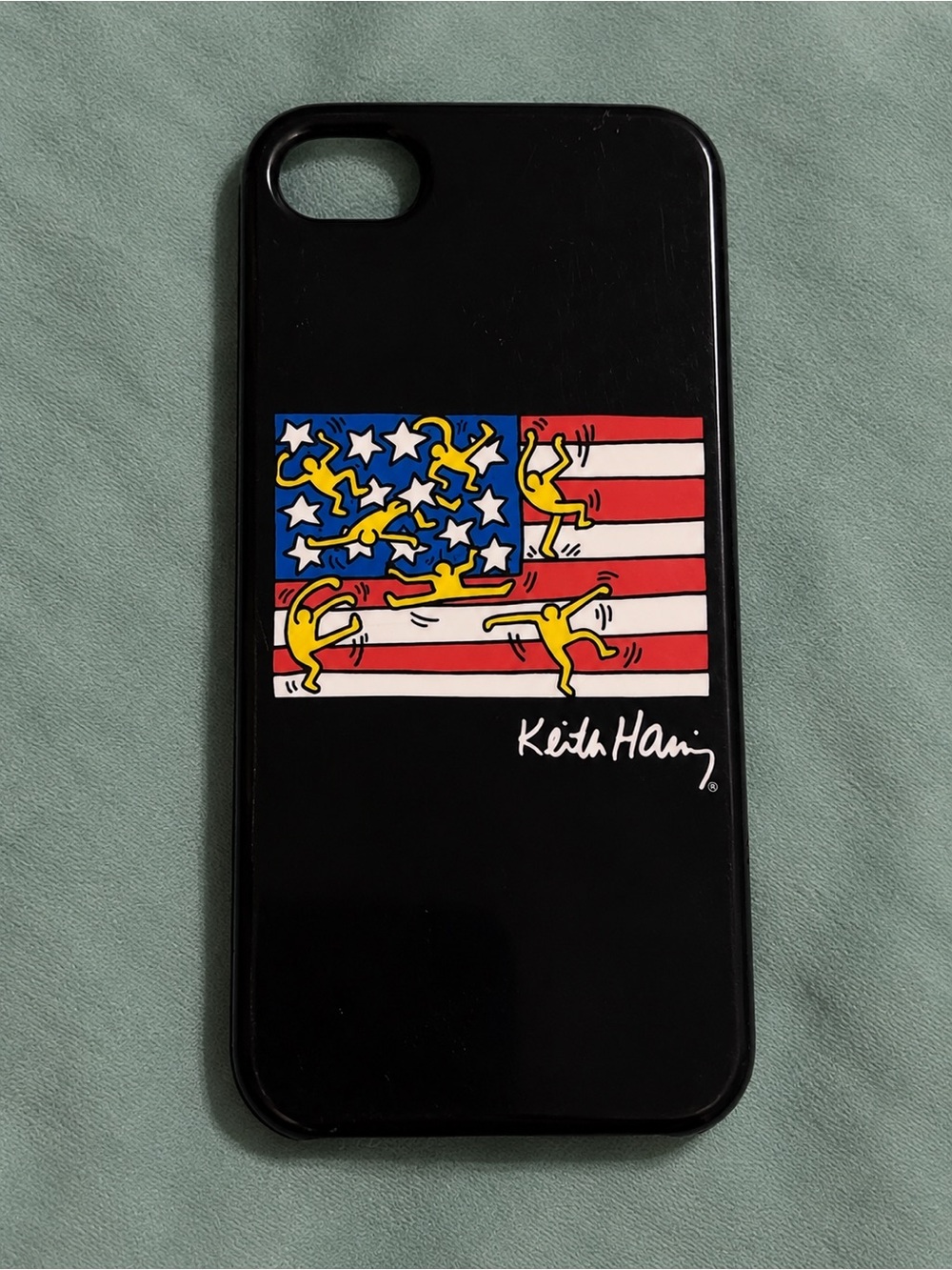 Keith Haring Black Graphic iPhone Case with American Flag Motif